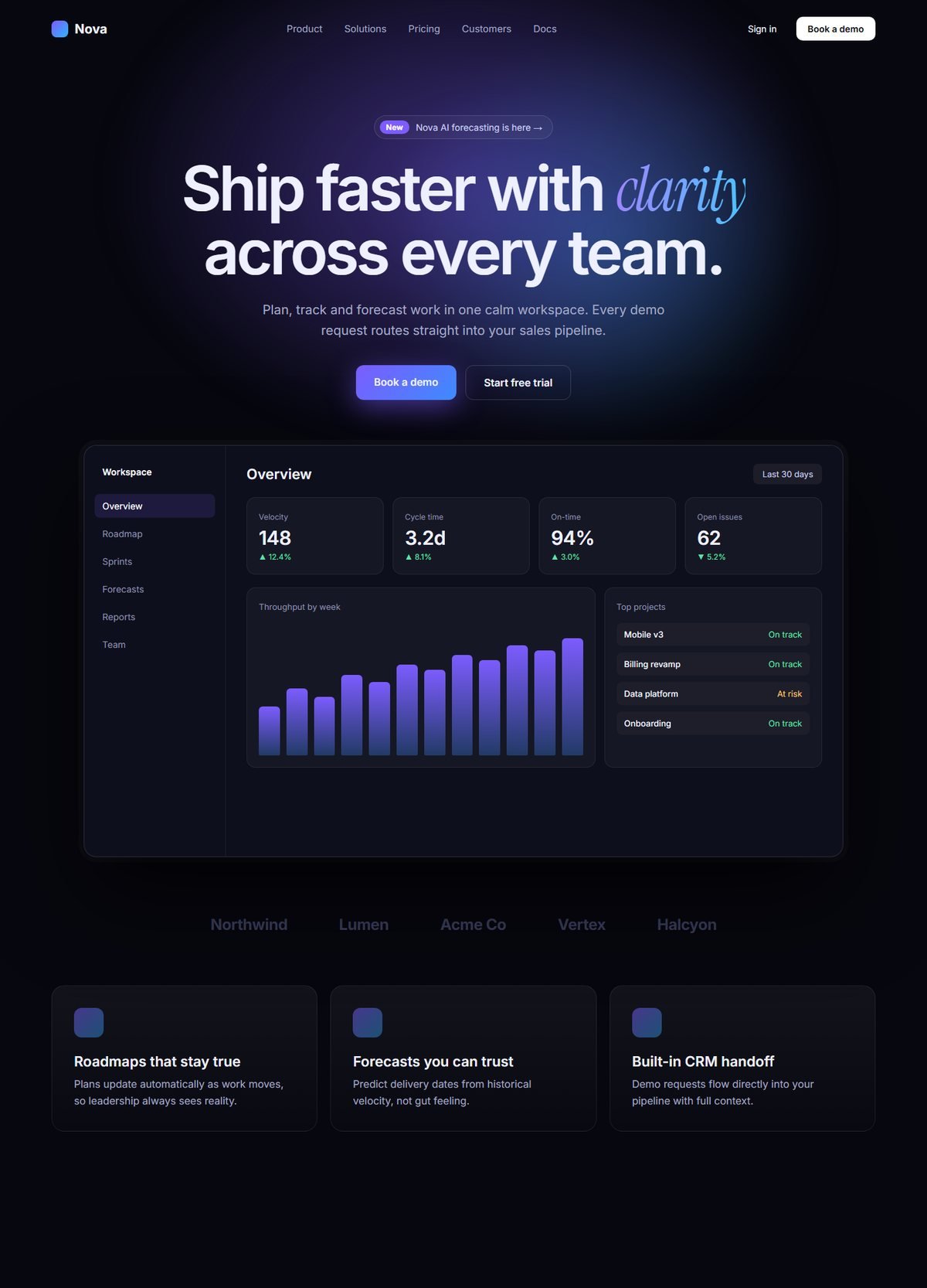 Nova Systems SaaS website concept with product dashboard