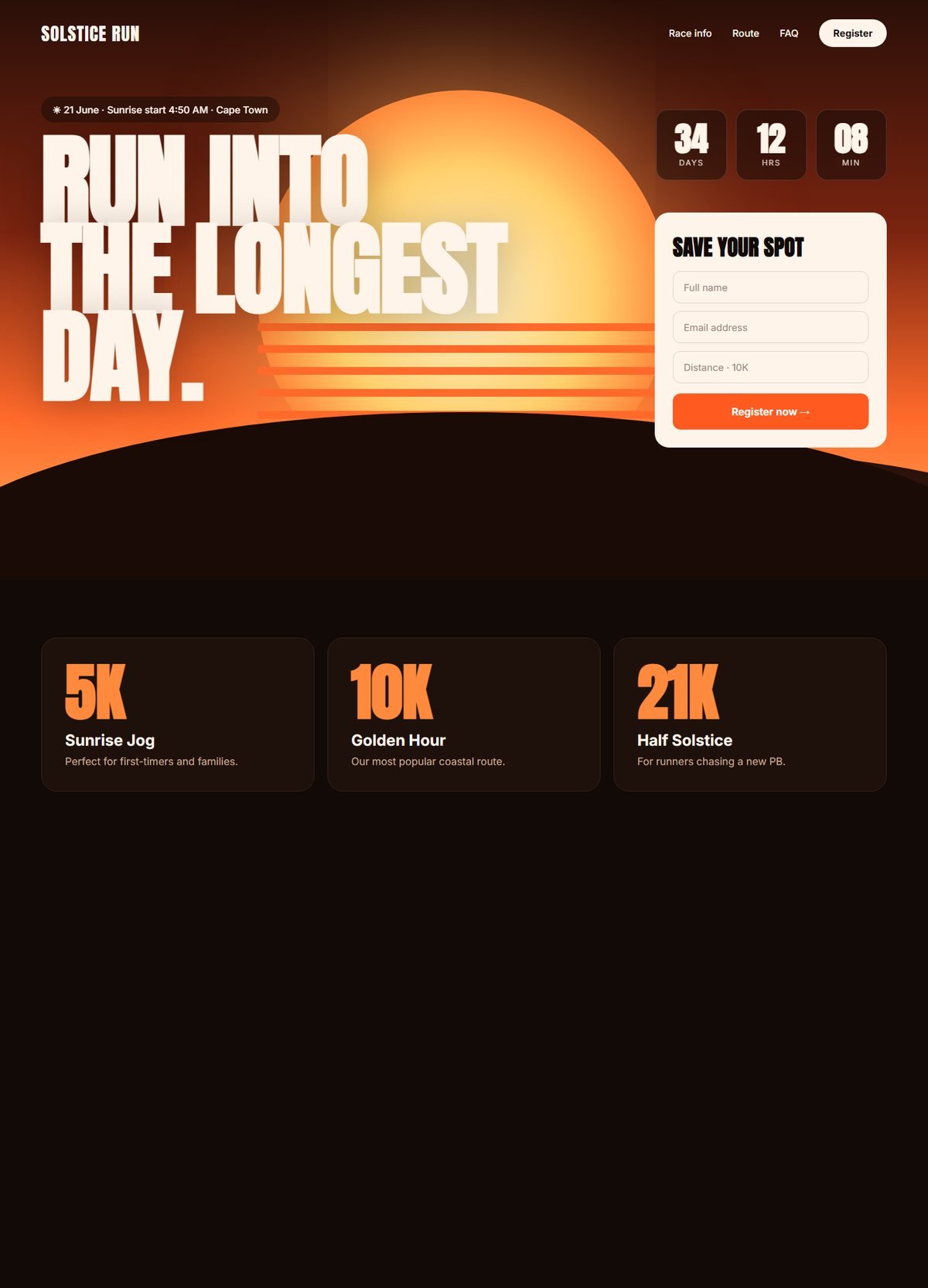 Solstice Run event landing page concept